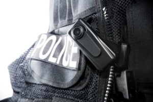 A body camera worn by a police officer.